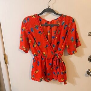 Sienna Sky Red Floral Wrap Peplum Blouse with Blue & Yellow Accents